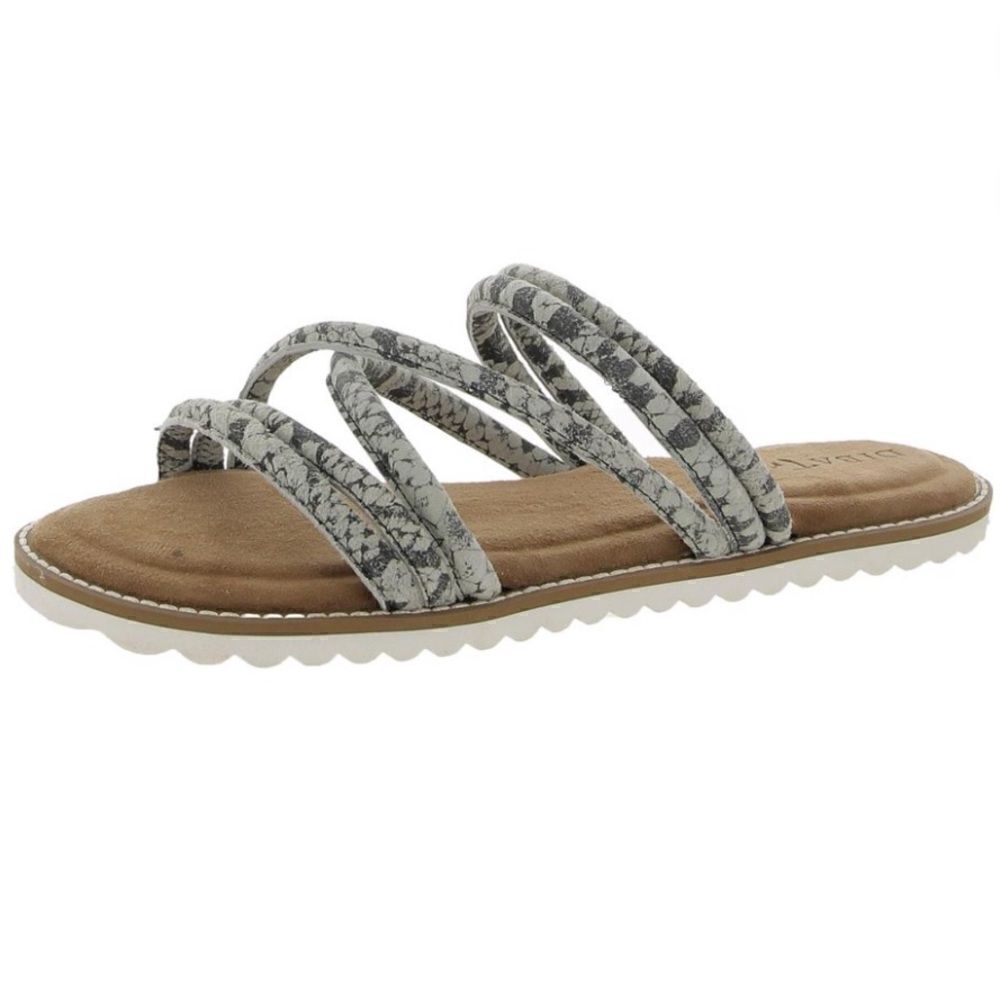 Diba True Cedar Cove Leather Strappy Slide Sandals in Gray Snakes, Size 6.5. New
